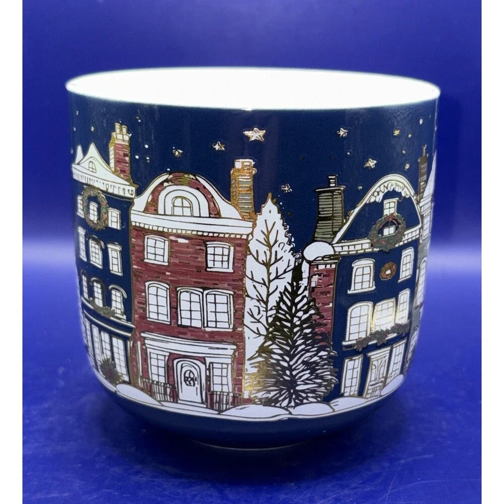 Christmas Winter Cityscape Ceramic Mug Blue Gold Handle - “Anthropology Style”